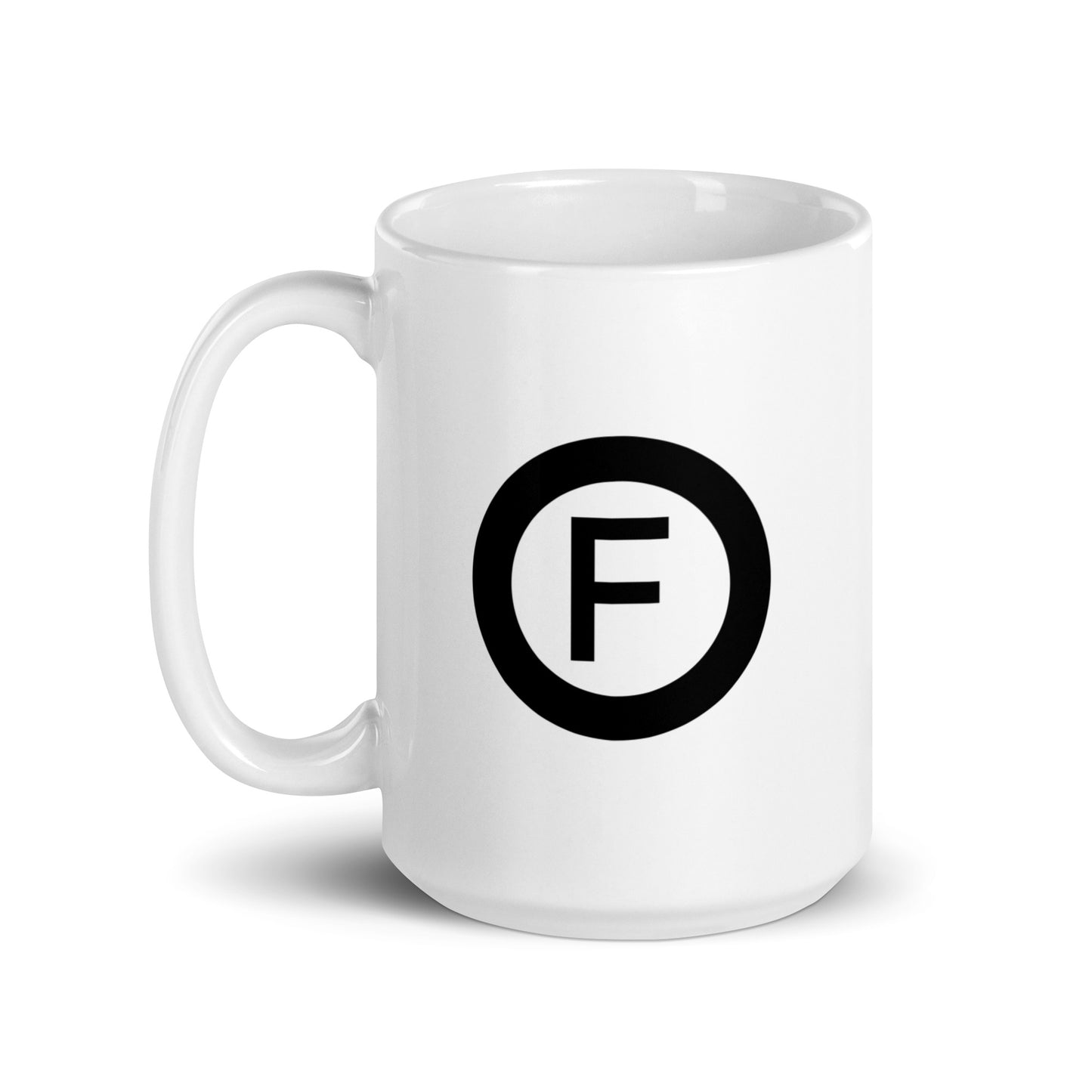 White mug with Factual Objects circle logo, 15oz