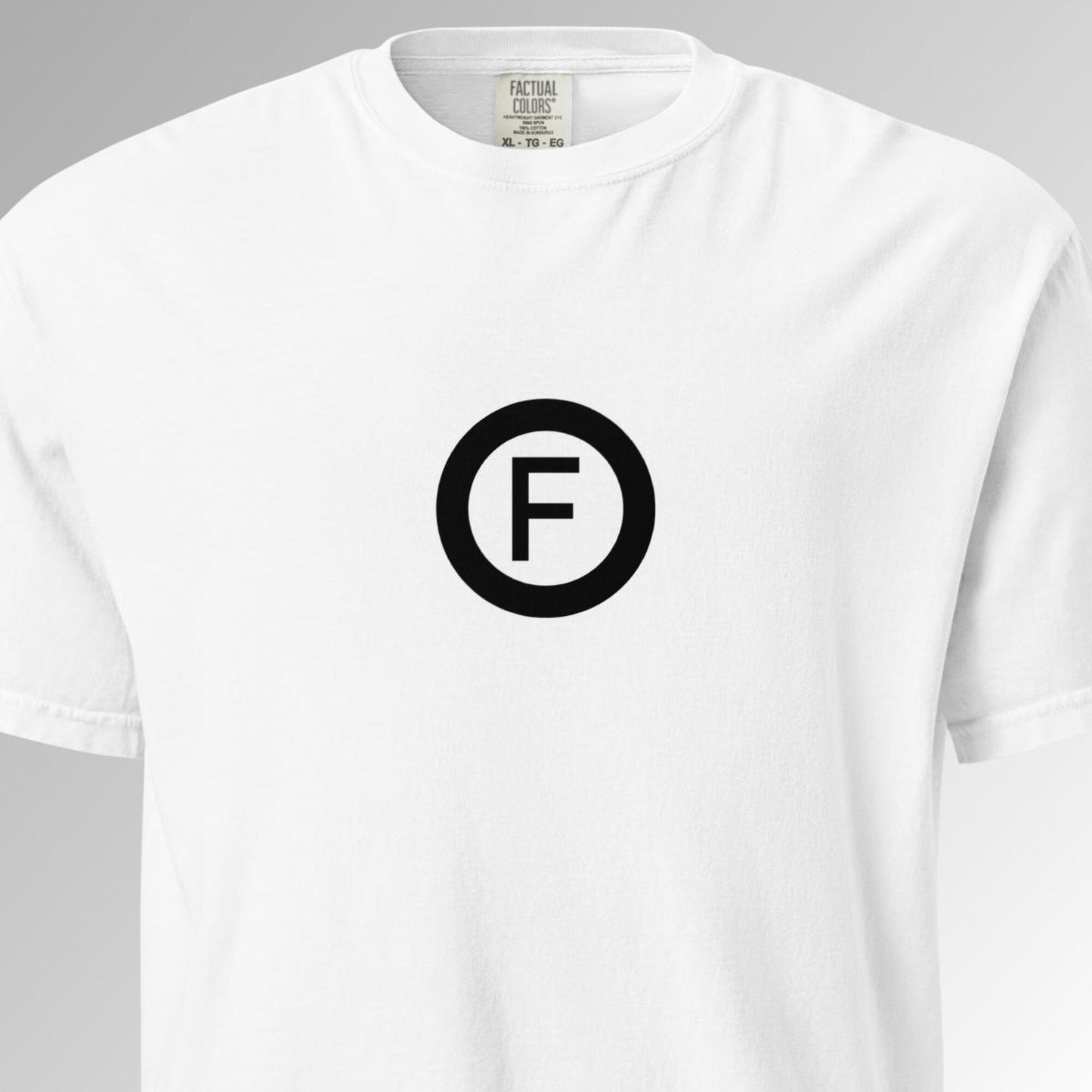 Factual Objects logo on front of white T-shirt