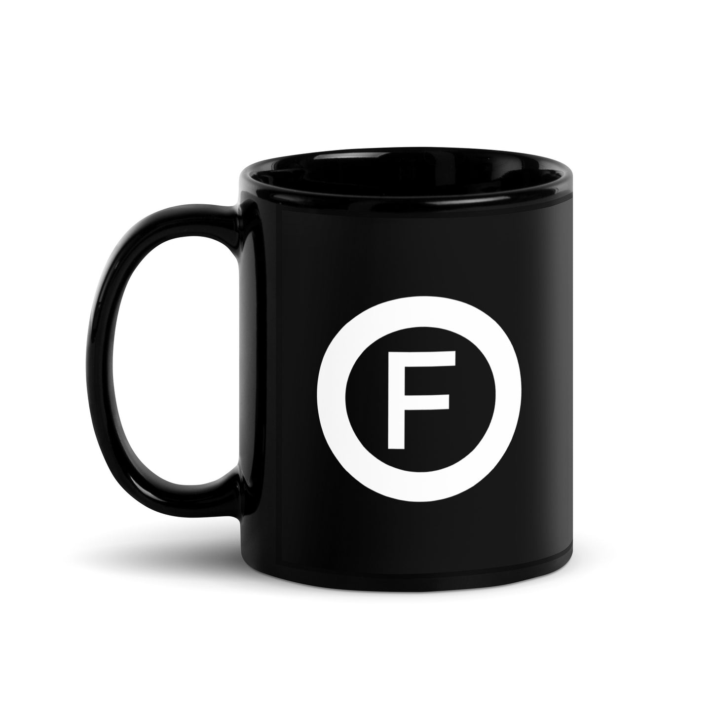Black mug with Factual Objects circle logo, 11oz