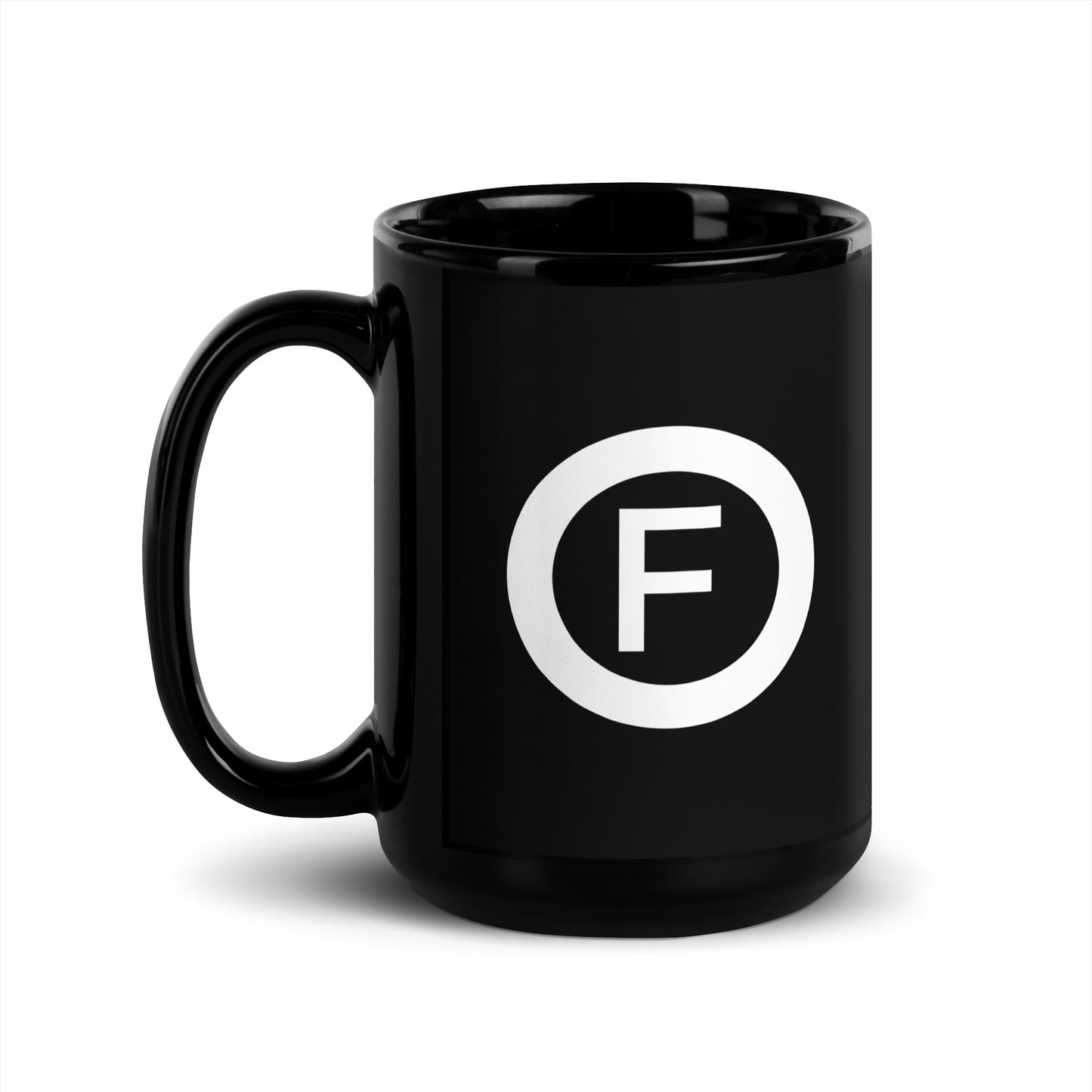 Black mug with Factual Objects circle logo, 15oz