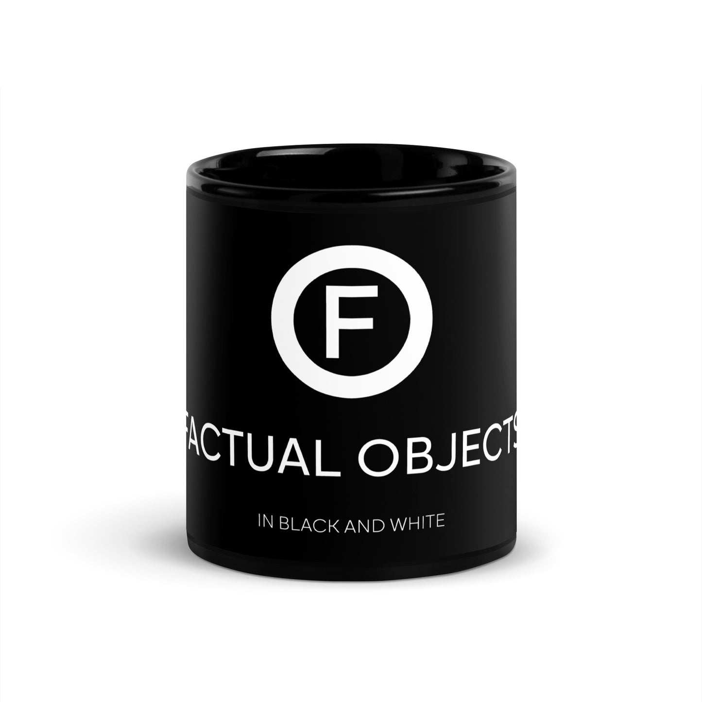 Black mug with Factual Objects logo, title and slogan, 11oz