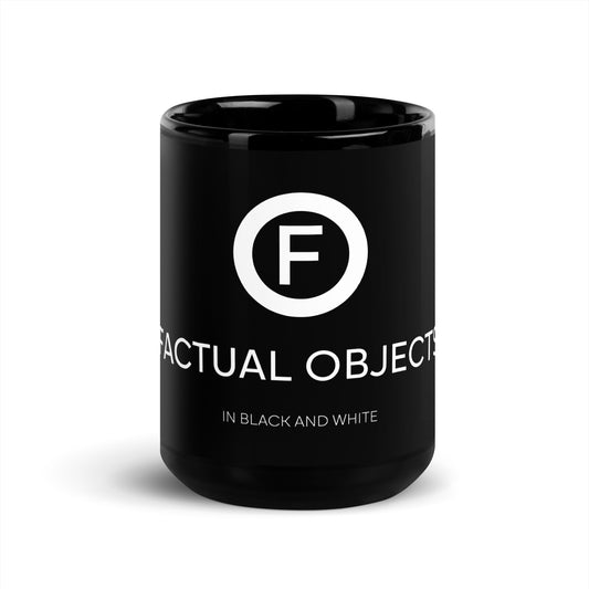 Black mug with Factual Objects logo, title and slogan, 15oz