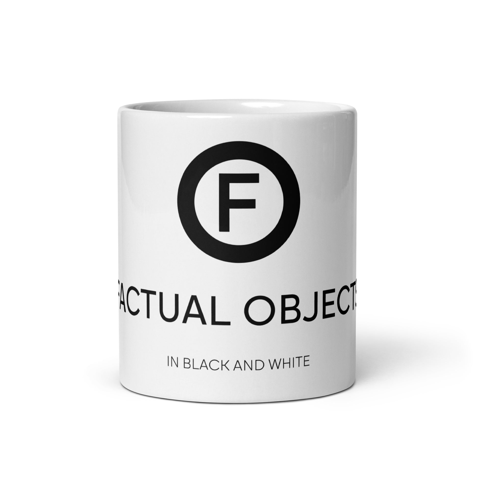 White mug with Factual Objects logo, title and slogan, 11oz