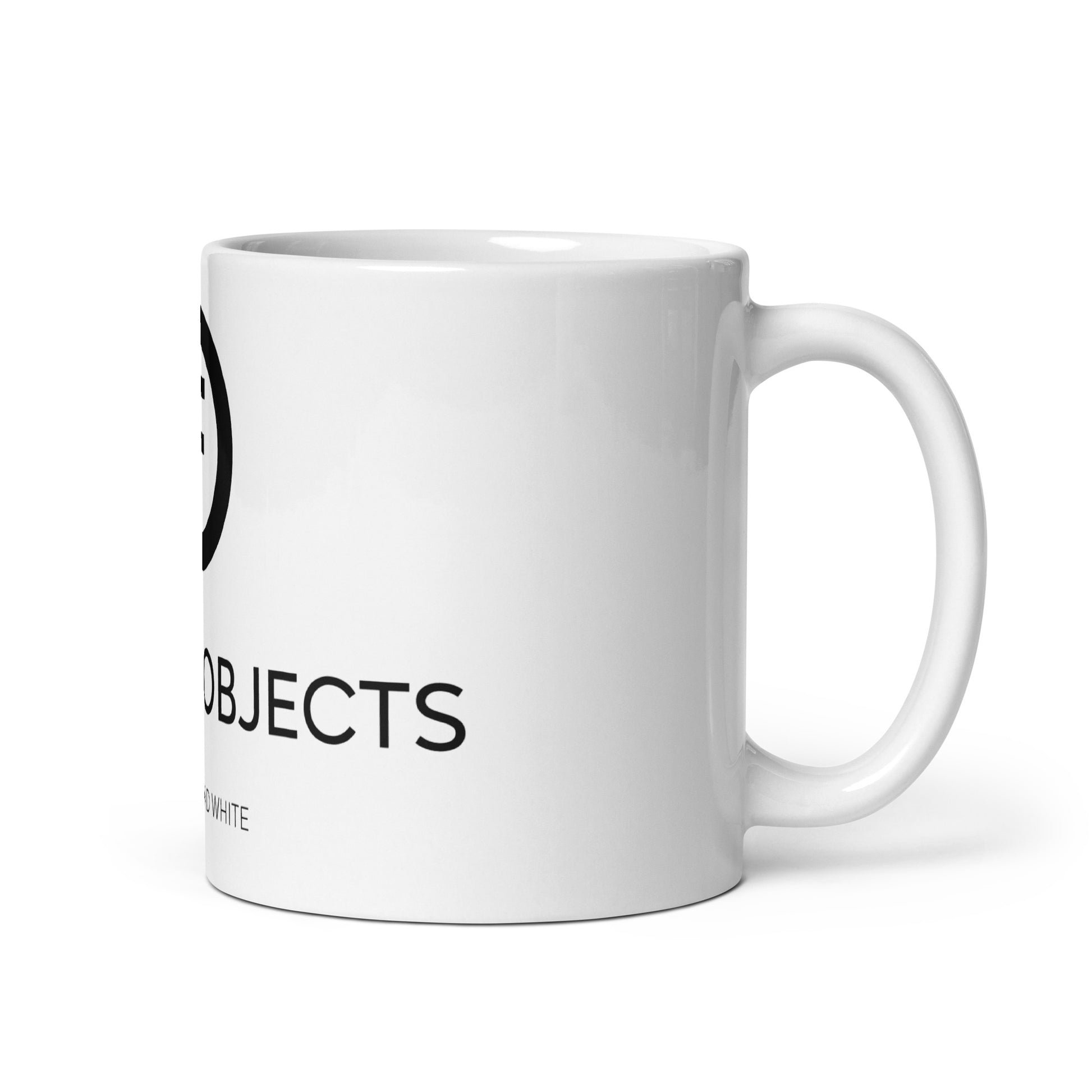 White mug with Factual Objects logo, title and slogan, 11oz
