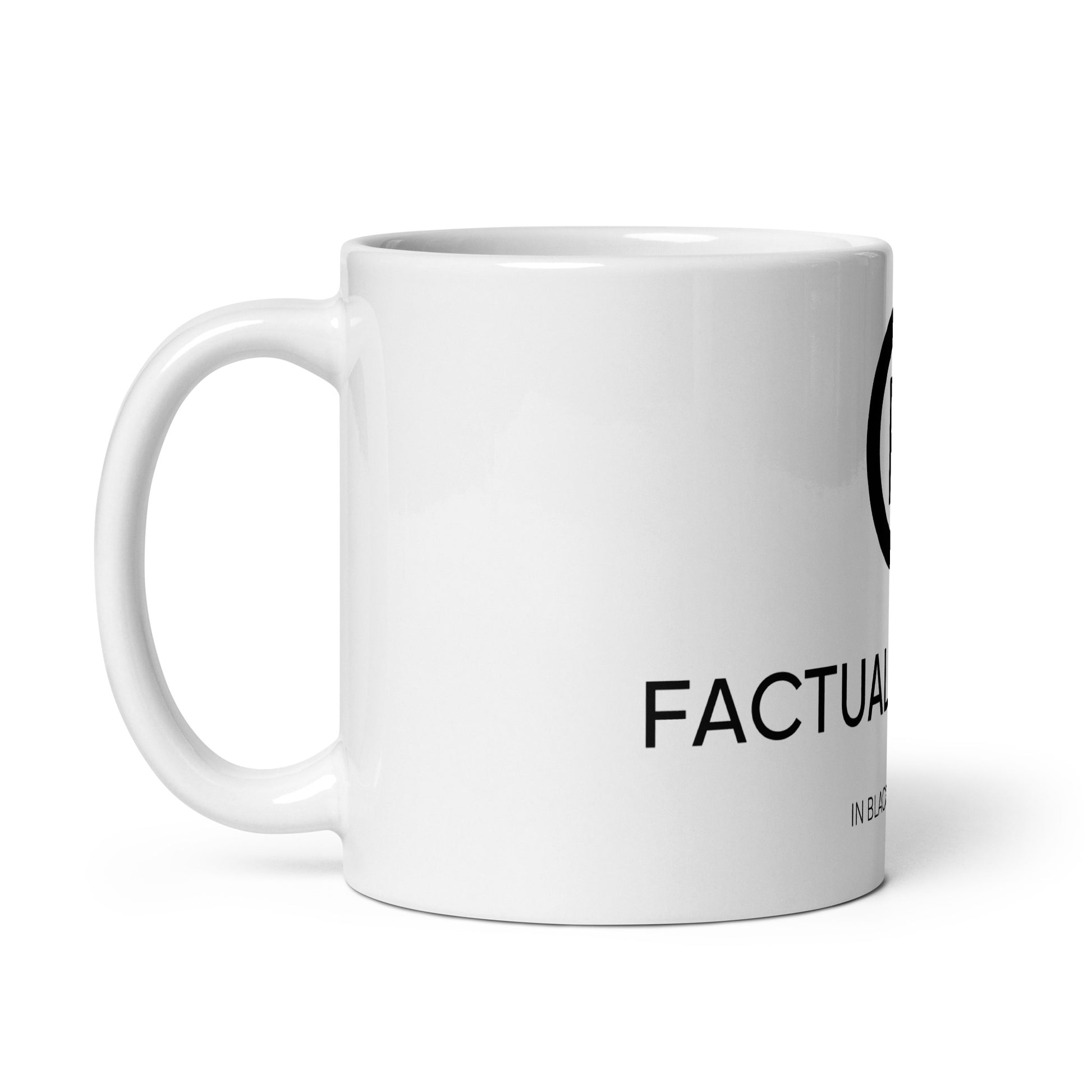 White mug with Factual Objects logo, title and slogan, 11oz