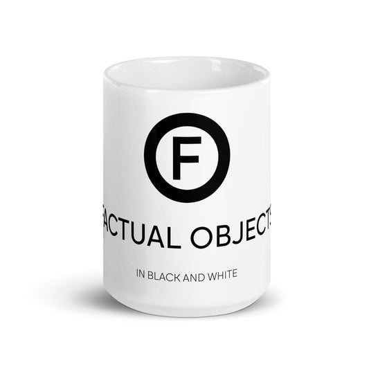White mug with Factual Objects logo, title and slogan, 15oz