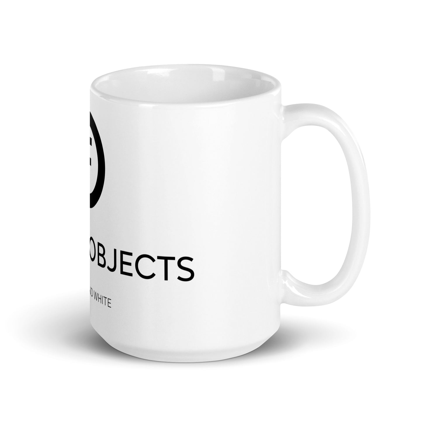 White mug with Factual Objects logo, title and slogan, 15oz