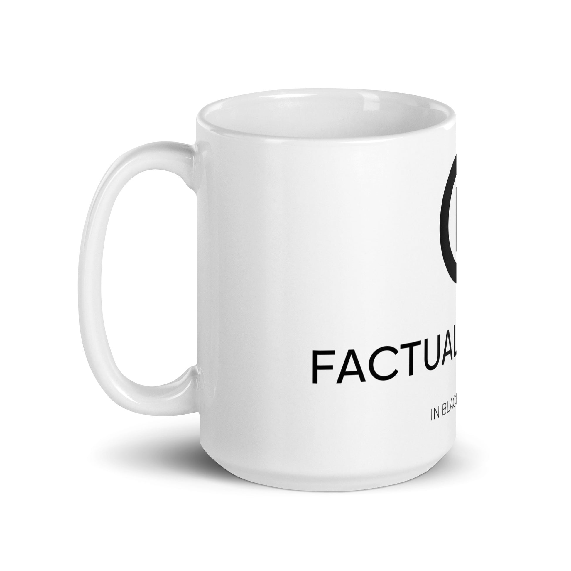 White mug with Factual Objects logo, title and slogan, 15oz