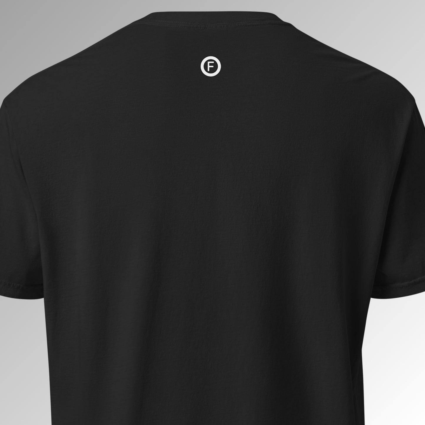 Factual Objects logo on back of black T-shirt