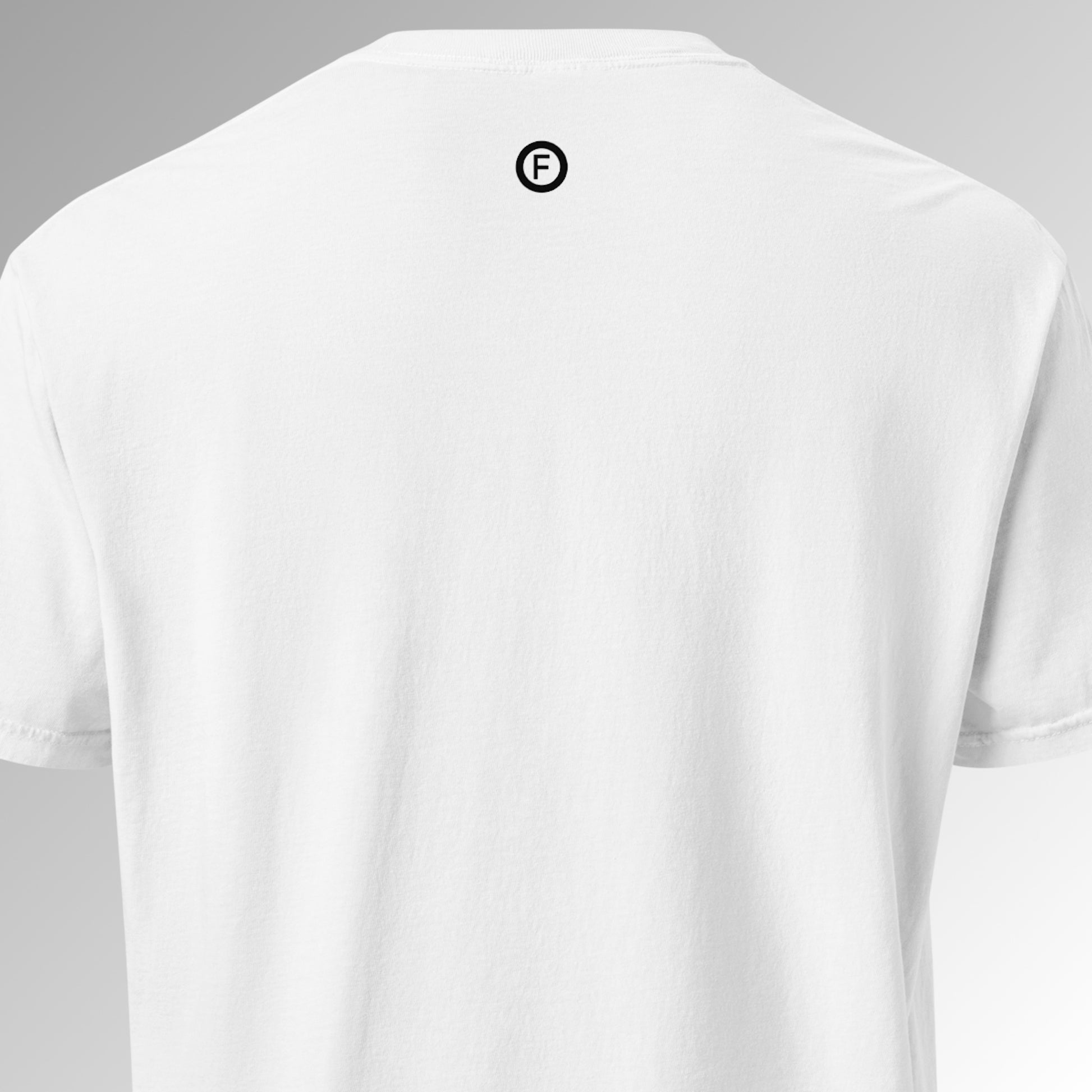 Factual Objects logo on back of white T-shirt
