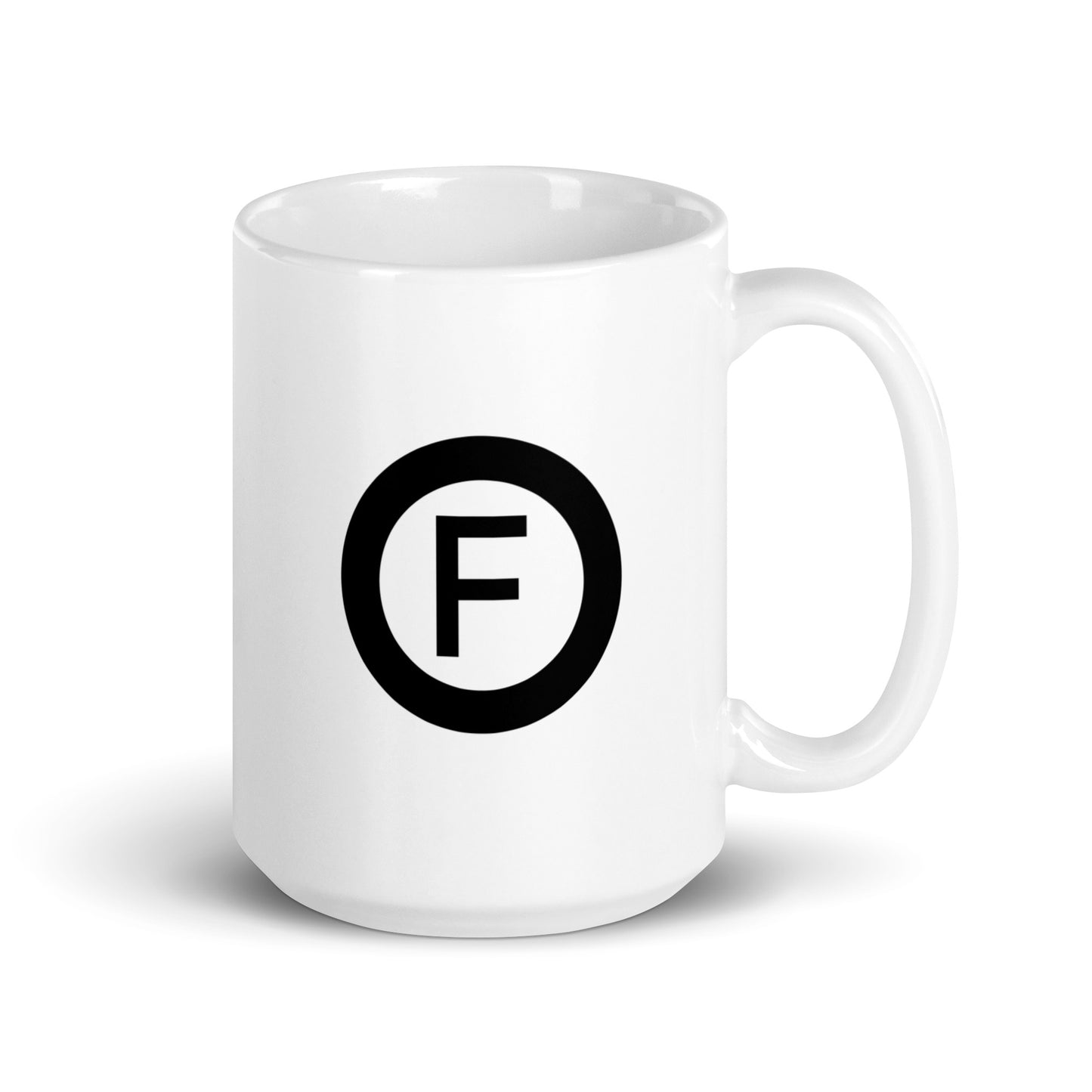 White mug with Factual Objects circle logo, 15oz