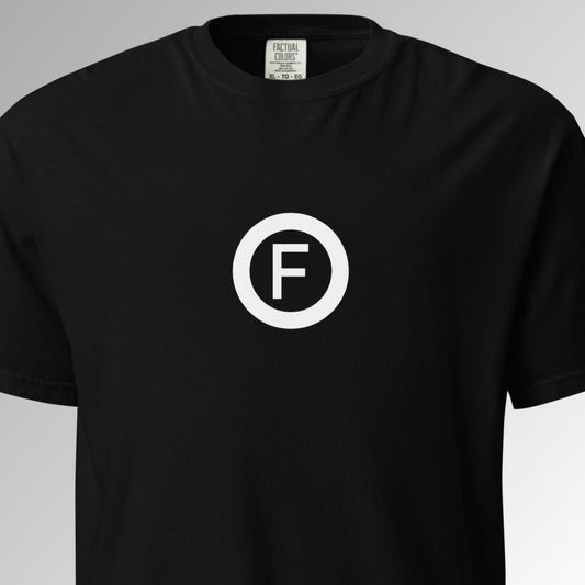 Factual Objects logo on front of black T-shirt